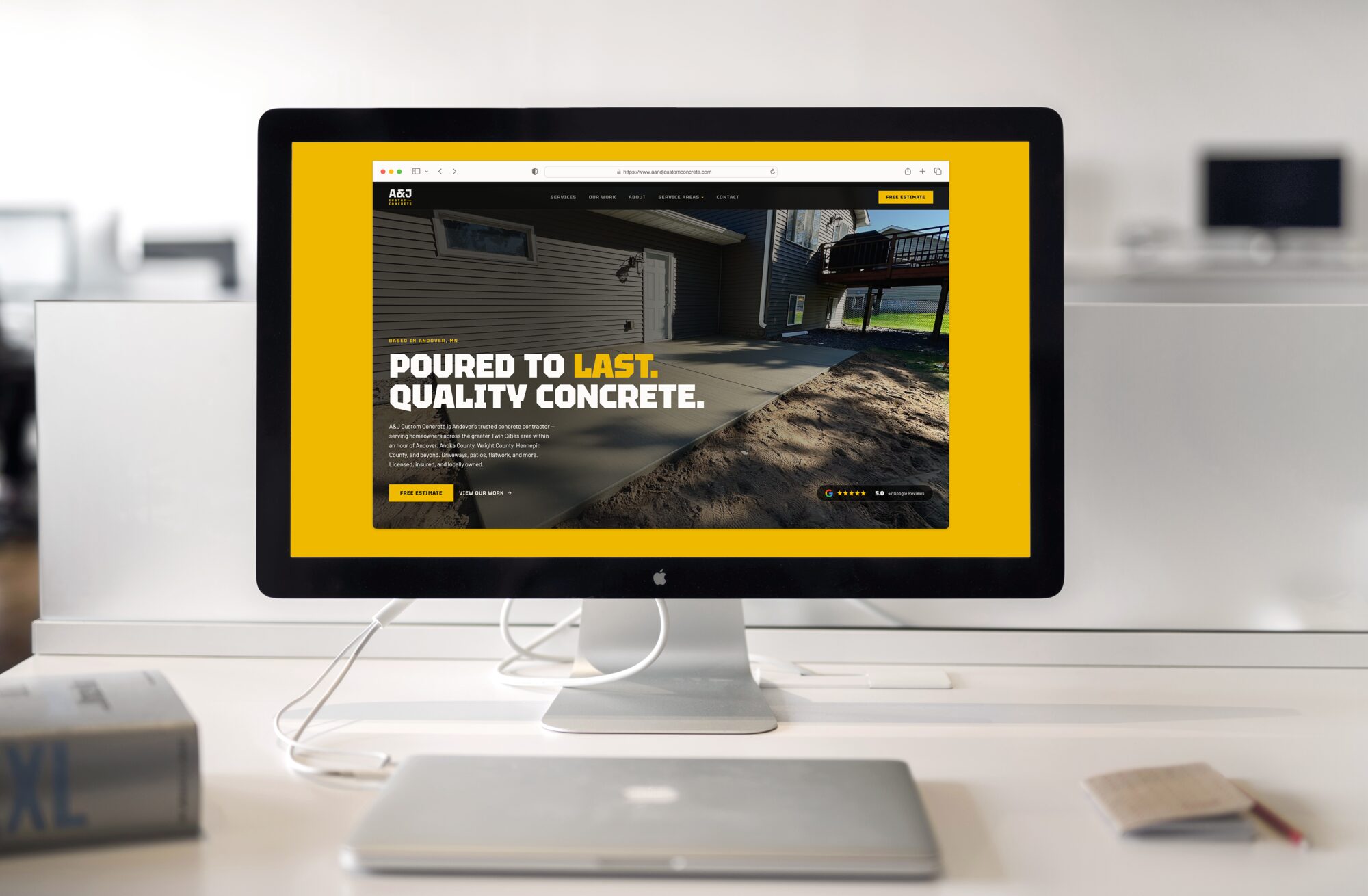 The A&J Concrete site, custom built, on an iMac