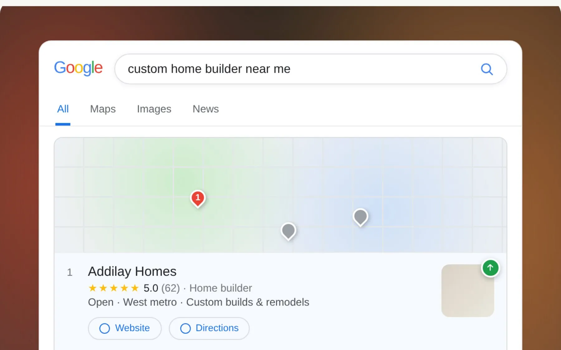 A local search result with the client ranked first